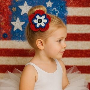 Handmade Red and Blue Crochet Flower Hair Clip Hand Crafted Brooch Patriotic 4"